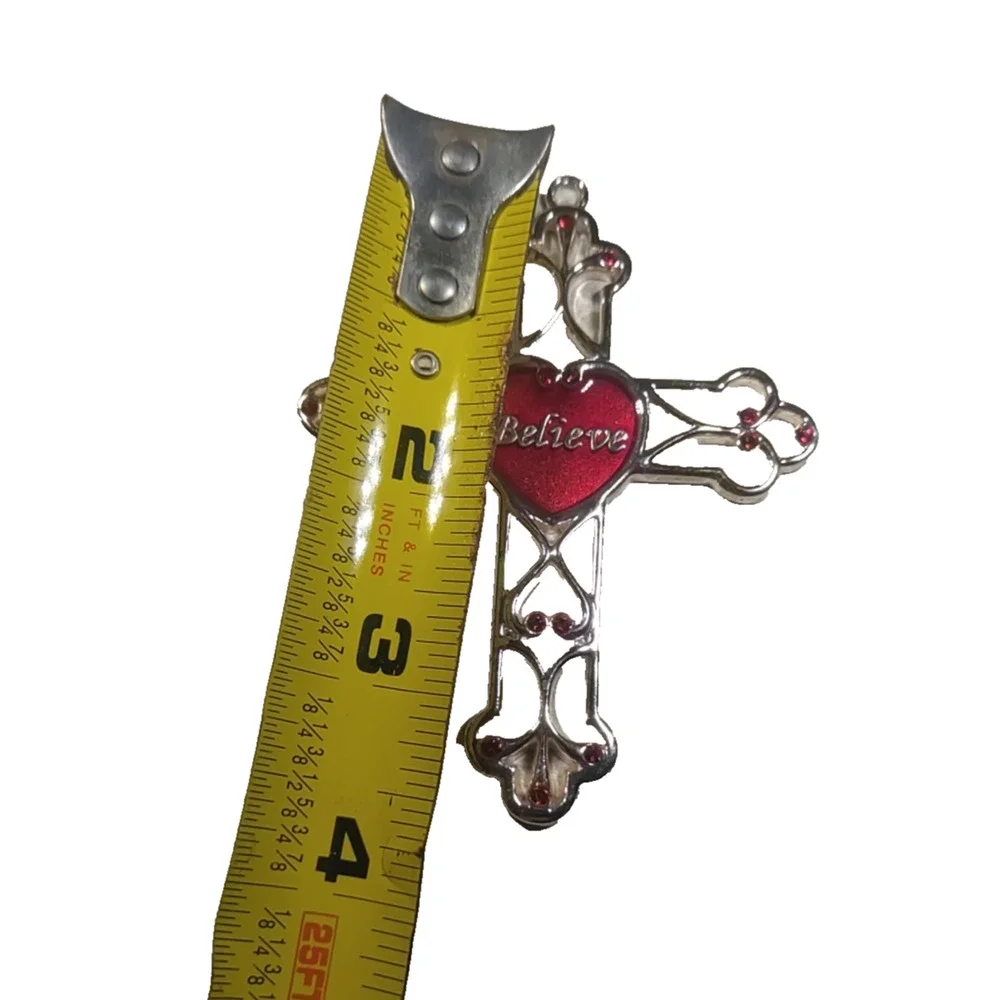 Harvey Lewis Believe Religious Cross Pendant Red Rhinestone Enamel Silver Tone